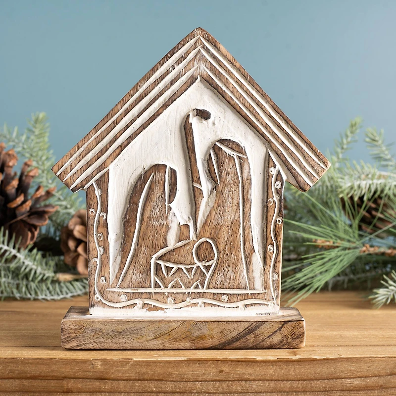 7" Carved Holy Family Nativity Barn, 2ct.