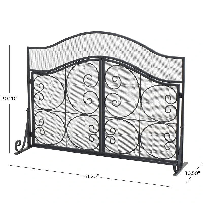 41" Black Metal Scroll Arched 1-Panel 2-Door Fireplace Screen with Mesh Backing