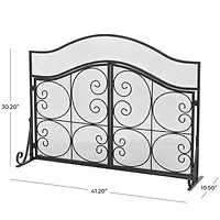 41" Black Metal Scroll Arched 1-Panel 2-Door Fireplace Screen with Mesh Backing