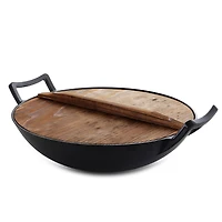 MegaChef 14" Heavy Duty Cast Iron Wok With Wood Lid Set