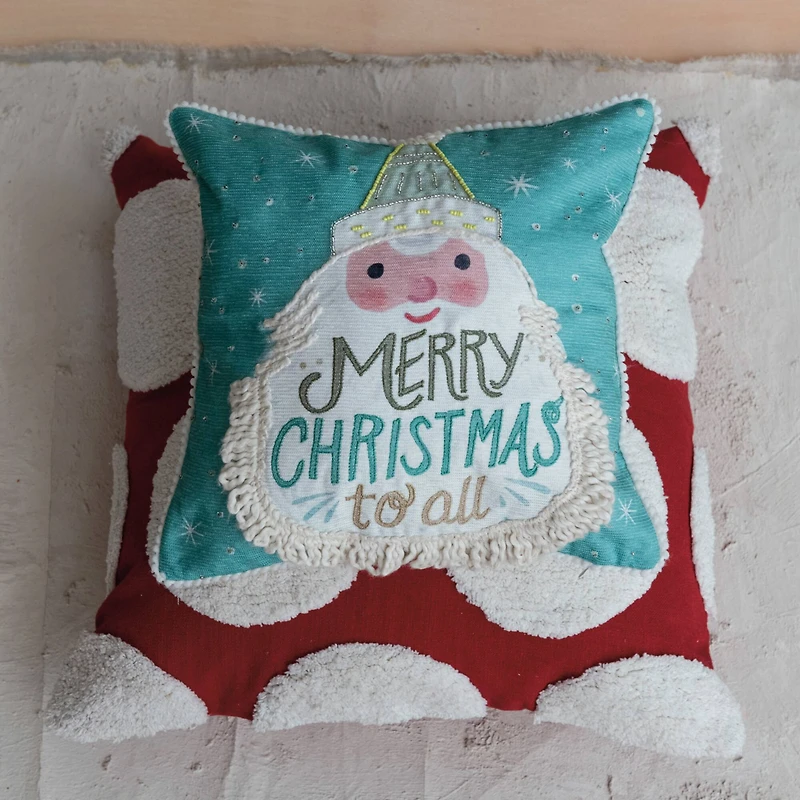 Hello Honey® 12" x 12" Square Merry Christmas to All Cotton Blend Printed Pillow with Embroidered Santa, Fringe & Pom Pom Trim