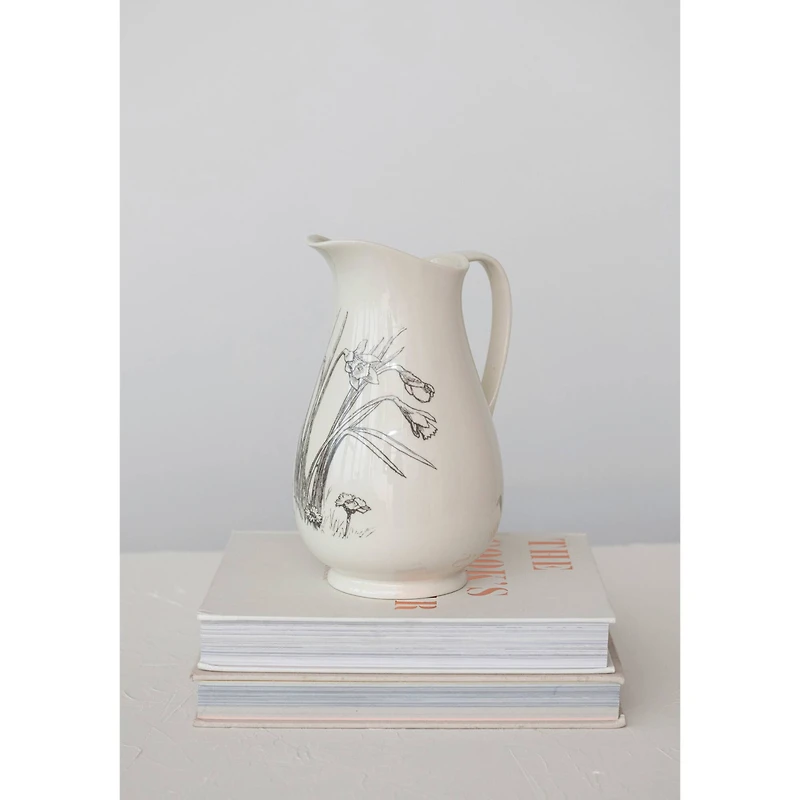 Hello Honey® 2qt. White & Charcoal Flower Design Stoneware Pitcher