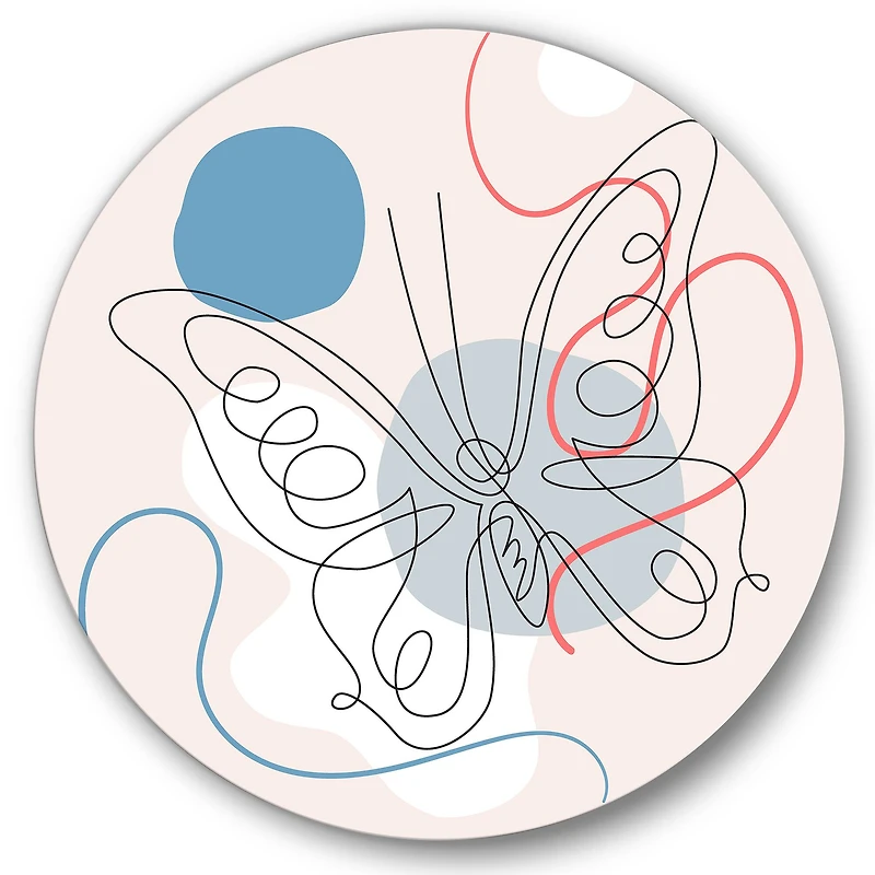 Designart - Butterfly One Line Drawing On Cubism Shapes III - Modern Metal Circle Wall Art