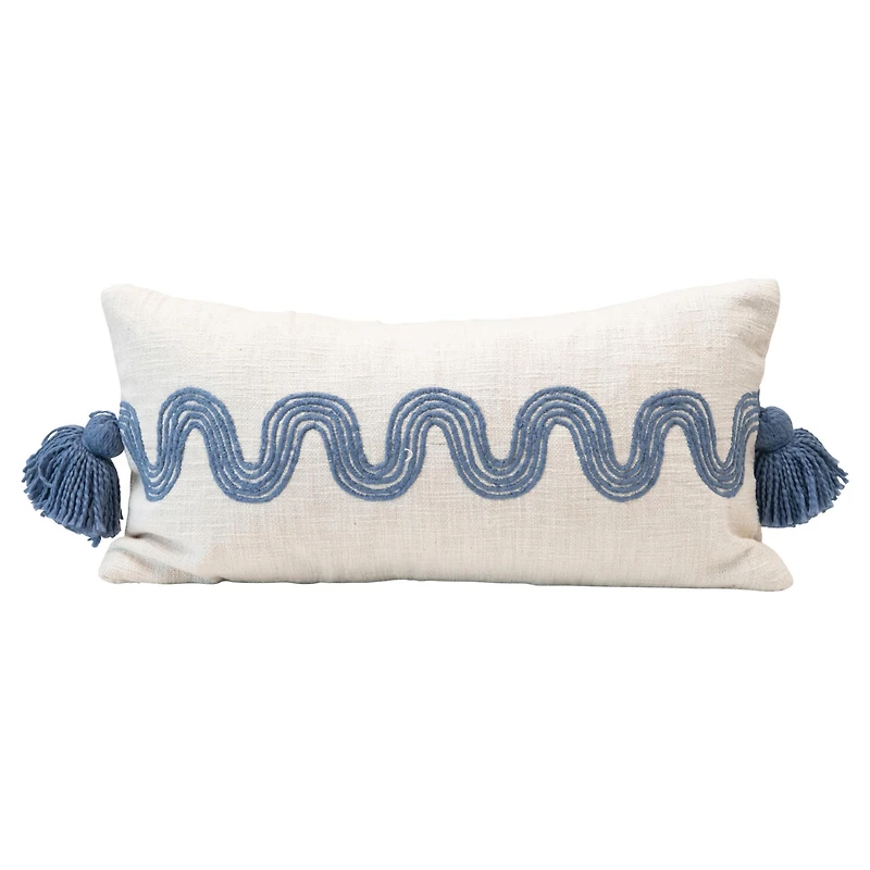 Hello Honey® Cream & Blue Lumbar Pillow with Embroidered Curved Pattern & Tassels