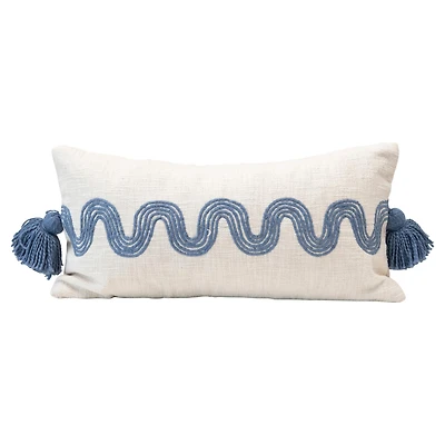 Hello Honey® Cream & Blue Lumbar Pillow with Embroidered Curved Pattern & Tassels