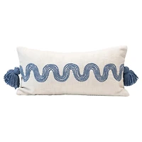 Hello Honey® Cream & Blue Lumbar Pillow with Embroidered Curved Pattern & Tassels