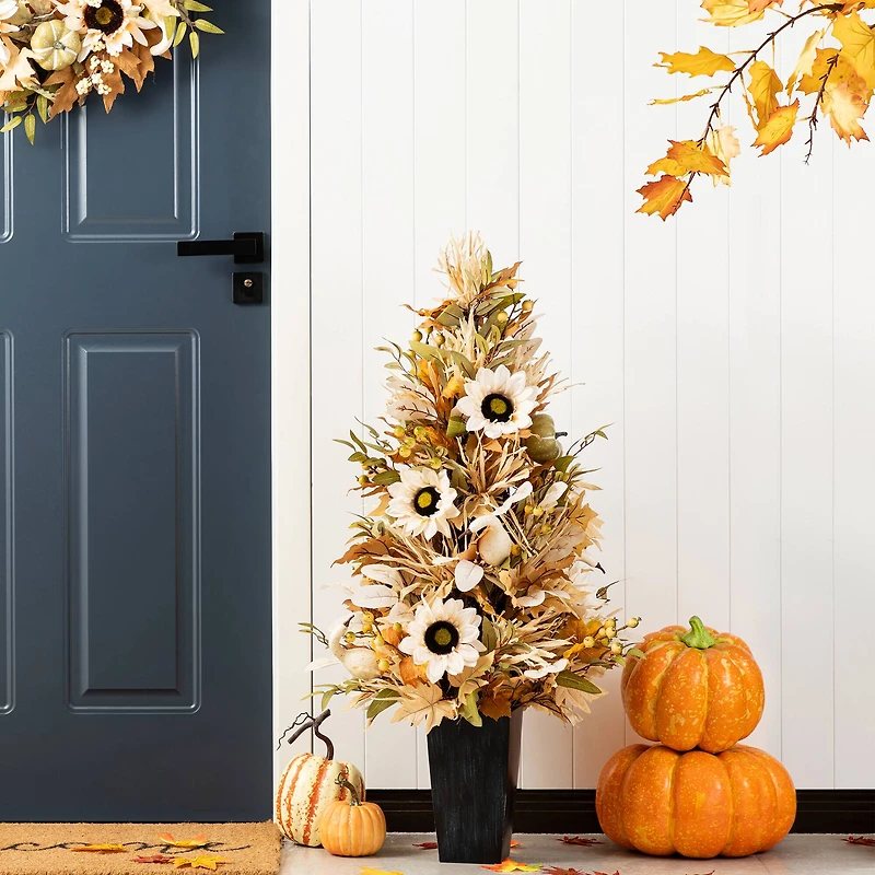 Glitzhome® 36" Fall Neutral Sunflower, Pumpkin and Leaf Porch Tree
