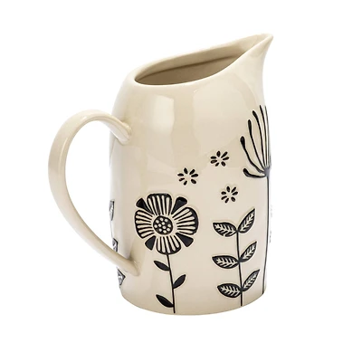 Hello Honey® 62oz. Cream & Black Hand-Painted Embossed Flowers Stoneware Pitcher