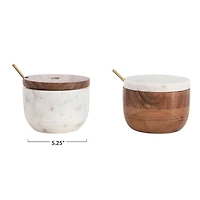 Hello Honey® 5.2" Marble & Acacia Wood Bowl with Lid & Brass Spoon Set, 2ct.