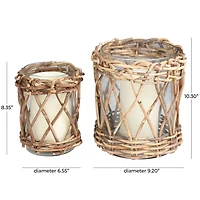 Clear Glass & Rattan Woven Candle Holder Set