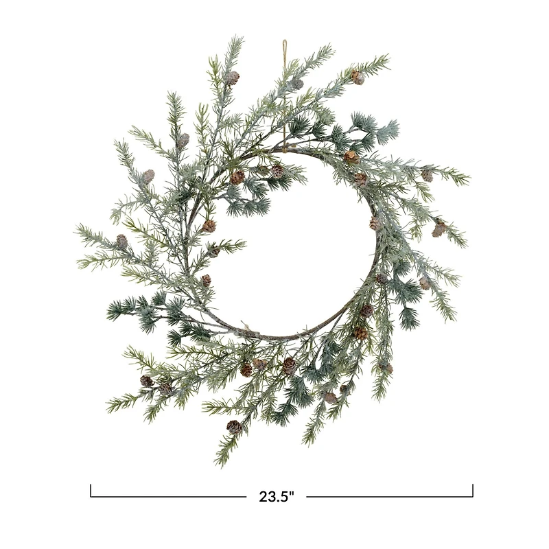 Hello Honey® 23.5" Green Round Faux Spruce Wreath with Natural Pinecones & Frost Finish