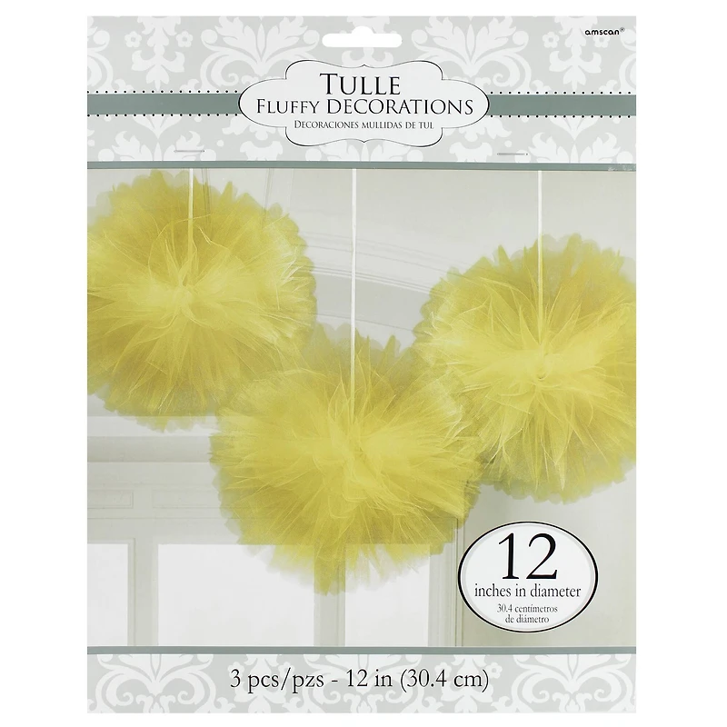 12" Gold Fluffy Tulle Hanging Decorations, 3ct.