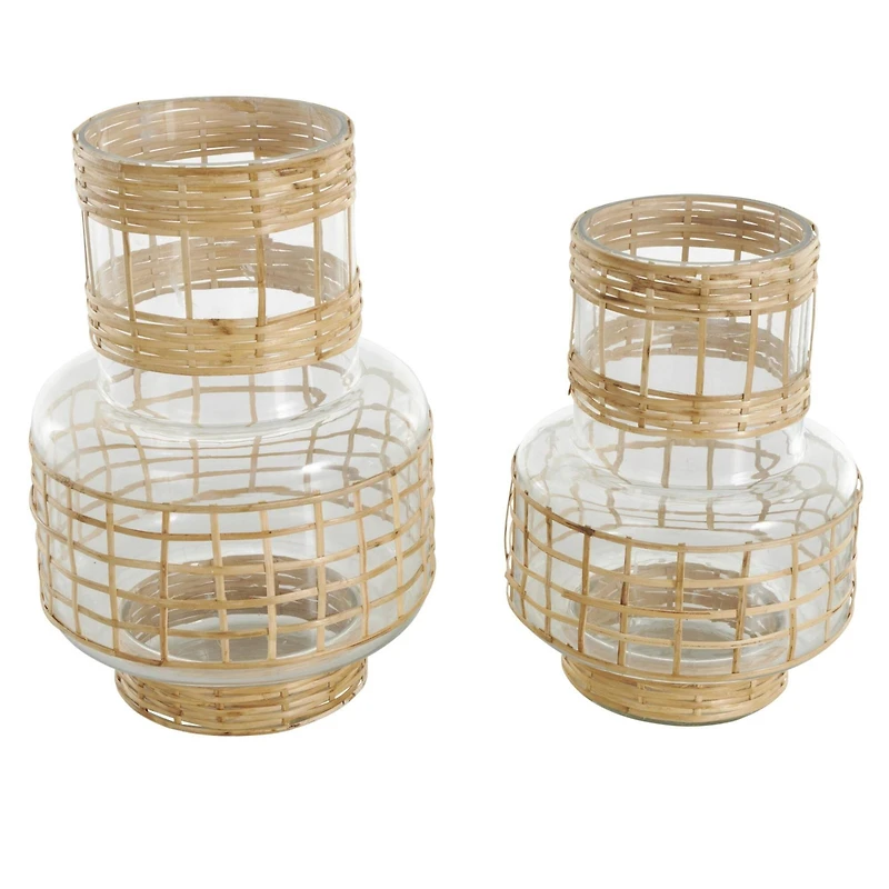 Clear Glass Double Ring Rattan Wrapped Vase Set