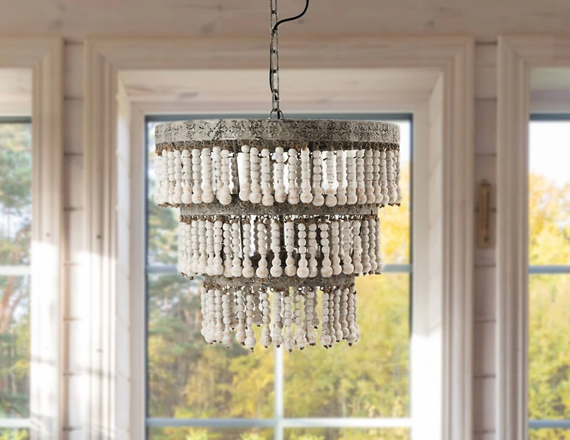 Hello Honey® 20.5" Antique White 3-Tier Wood Bead Chandelier