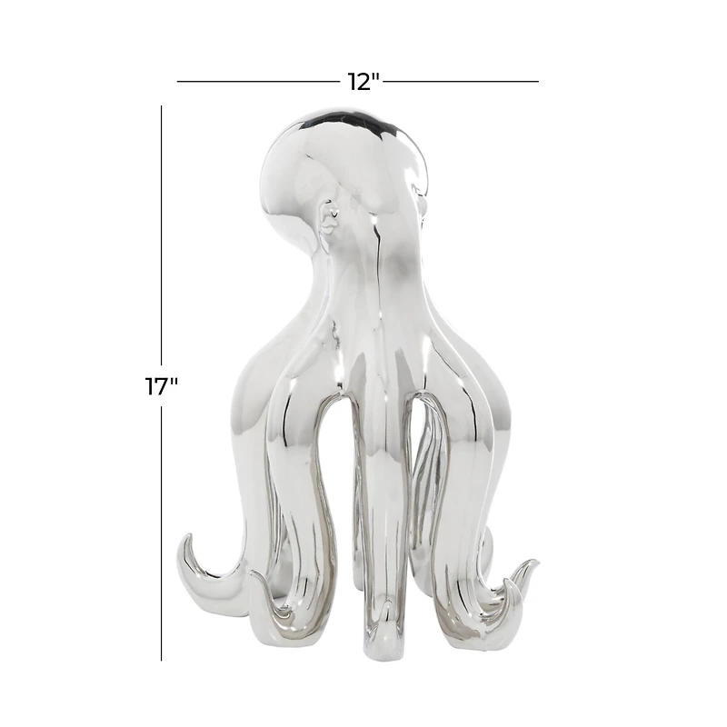 Silver Porcelain Glam Octopus Sculpture, 17" x 11" x 12"