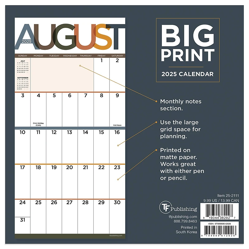 TF Publishing 2025 Big Print Mini Calendar
