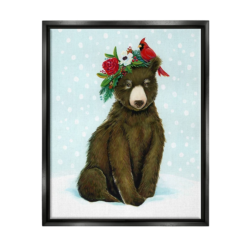 Stupell Industries Bear Seasonal Holly Snow Scene Framed Floater Canvas Wall Art