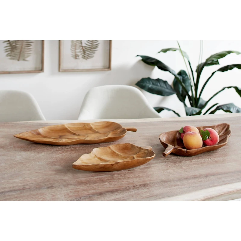 Brown Teak Wood Coastal Style Tray Set