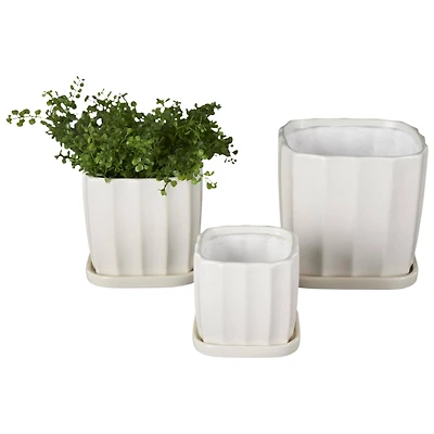 White Square Wide Groove Textured Ceramic Planter Set