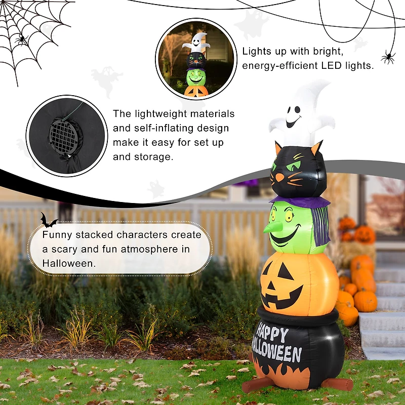 Glitzhome® 8ft. Lighted Halloween Inflatable Stacked Ghost, Black Cat, Witch & Pumpkin Décor