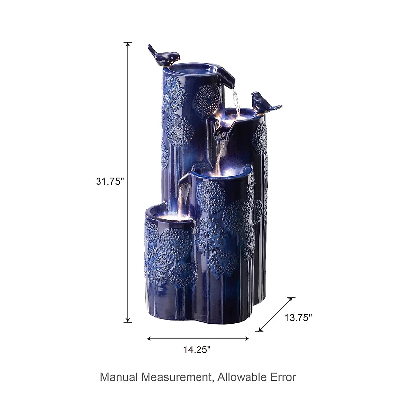 Glitzhome® 31.75" Cobalt Blue 4-Tier Dandelion Texture Vase-Shaped Ceramic Outdoor Fountain with LED Light