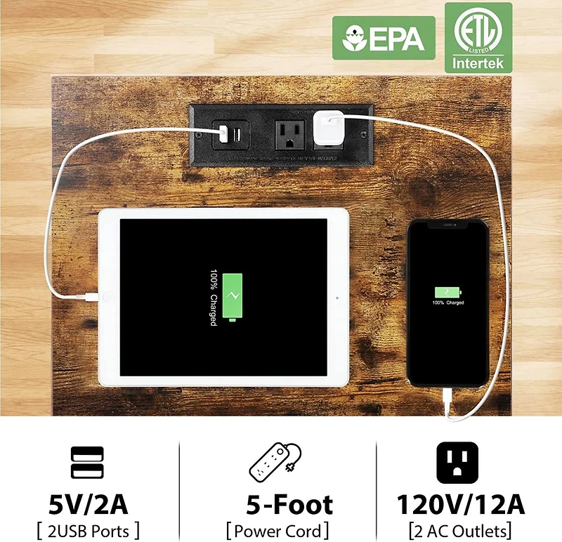 NEX™ Rustic Brown Nightstand End Table with USB Ports & Power Outlets