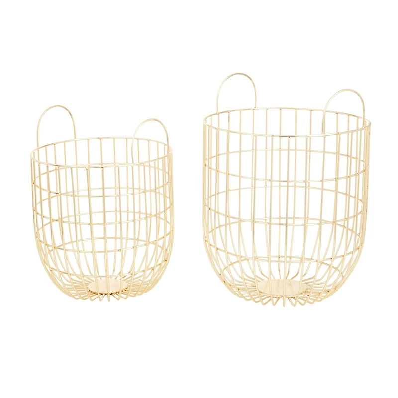 Set of 2 Gold Iron Contemporary Storage Baskets, 17" x 11" x 11"