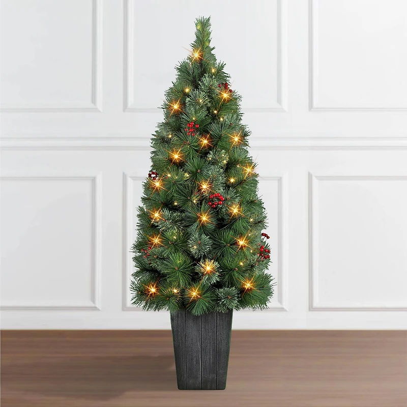 4ft. Pre-Lit Potted Cascade Pine Artificial Christmas Tree, White LED lights