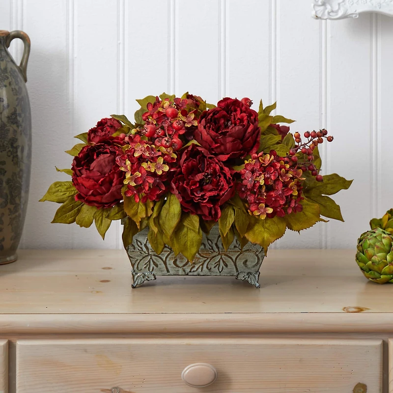 18" Red Peony & Hydrangea Arrangement in Decorative Planter