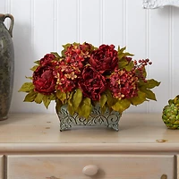 18" Red Peony & Hydrangea Arrangement in Decorative Planter