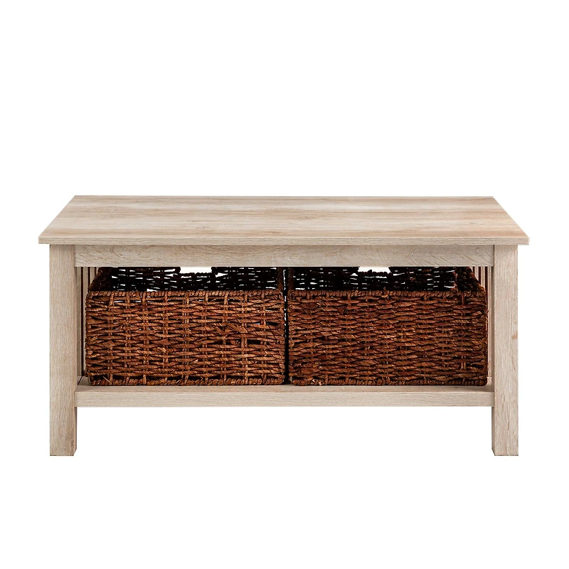 Walker Edison 40" White Oak Mission Storage Coffee Table with Baskets