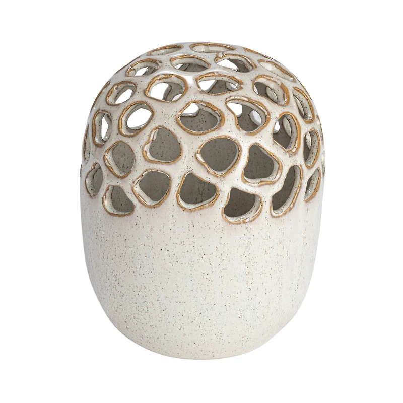 Hello Honey® 7.5" Cream Stoneware Flower Frog Vase with Reactive Glaze