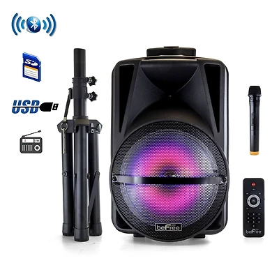 beFree Sound 12" Bluetooth Rechargeable Portable PA Party Speaker With Reactive LED Lights & Stand