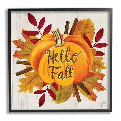 Stupell Industries Hello Fall Sentiment Orange Pumpkin Autumn Tree Leaves Framed Wall Art