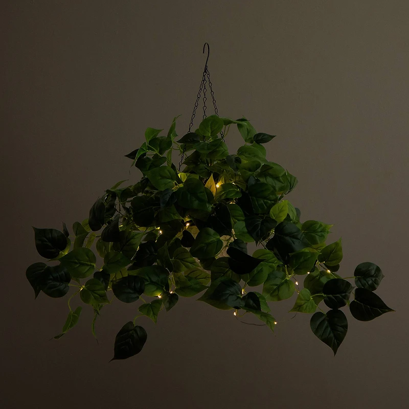 24" UV Resistant Artificial LED Lit Philodendron in White Hanging Basket