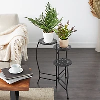 24" Black Metal Folding 3-Tier Plant Stand with Sun Face Cutouts
