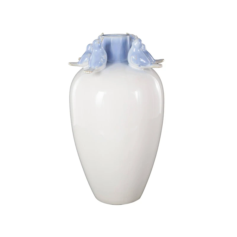 15" White with Blue Bird Accents Ceramic Decorative Vase