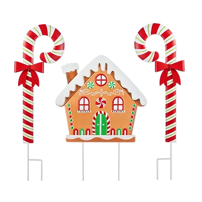 Glitzhome® 33" Metal Christmas Gingerbread House and Candy Cane Yard Stake Set