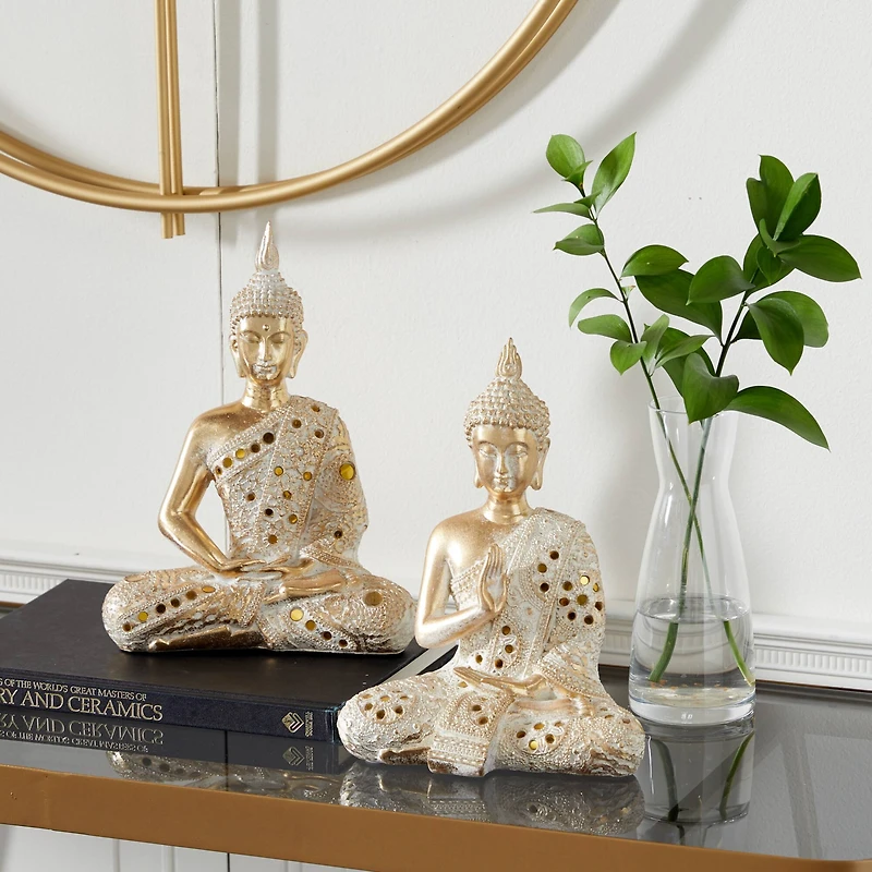 Set of 2 Gold Polystone Glam Buddha Sculpture, 10", 11"
