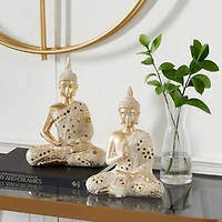 Set of 2 Gold Polystone Glam Buddha Sculpture, 10", 11"