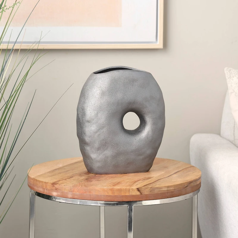 12" Gray Abstract Wavy Donut Ceramic Vase with Cutout Center
