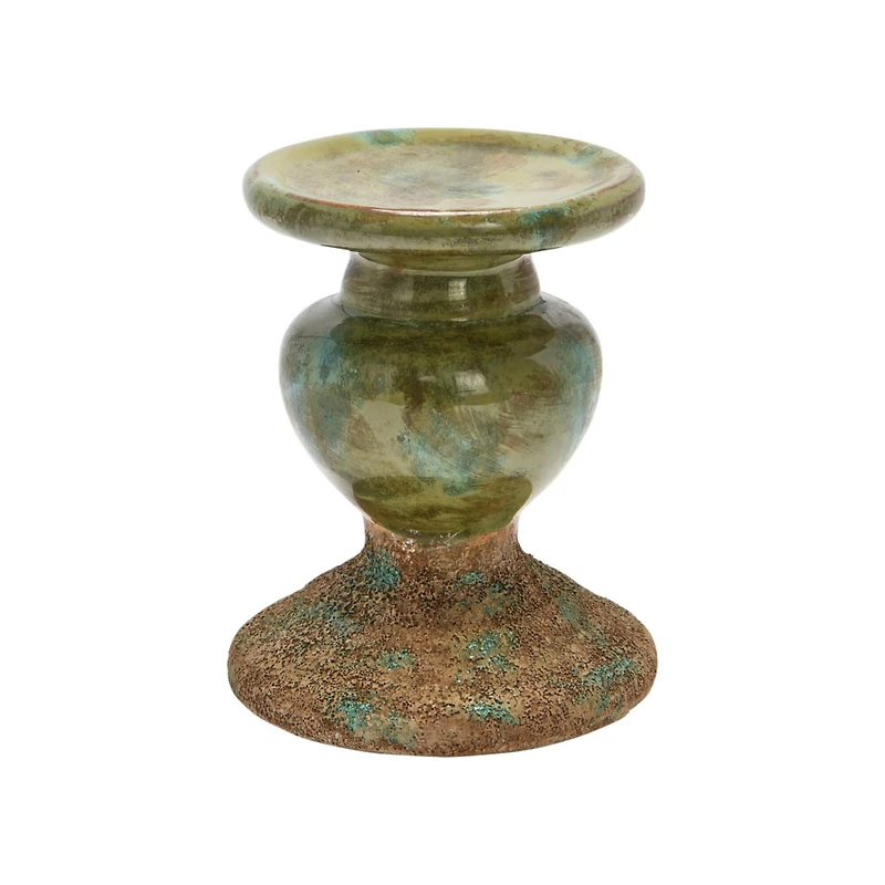 Hello Honey® Distressed Green 2-Tone Sculptural Terracotta Pillar Candle Holder