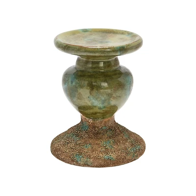 Hello Honey® Distressed Green 2-Tone Sculptural Terracotta Pillar Candle Holder