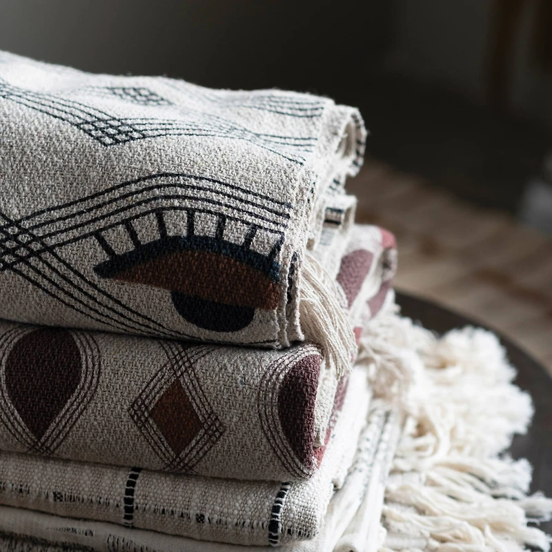 Hello Honey® Recycled Cotton Blend Printed Throw Blanket with Eye Pattern and Fringe, Cream and Brown