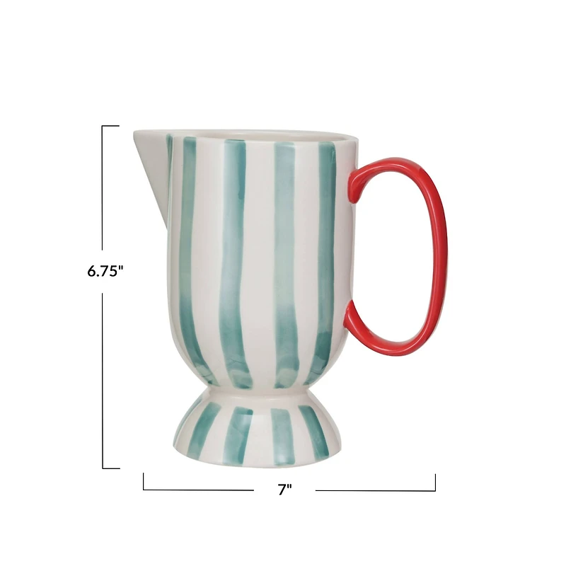 Hello Honey® 1qt. Red, Aqua & Cream Hand-Painted Stoneware Footed Pitcher with Stripes