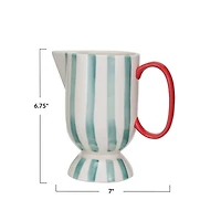 Hello Honey® 1qt. Red, Aqua & Cream Hand-Painted Stoneware Footed Pitcher with Stripes