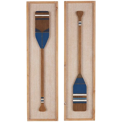 Brown Wood Paddle Wall Décor with Blue Accents & Chevron Pattern Set