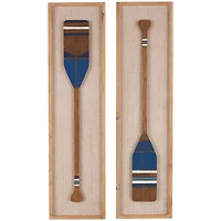 Brown Wood Paddle Wall Décor with Blue Accents & Chevron Pattern Set