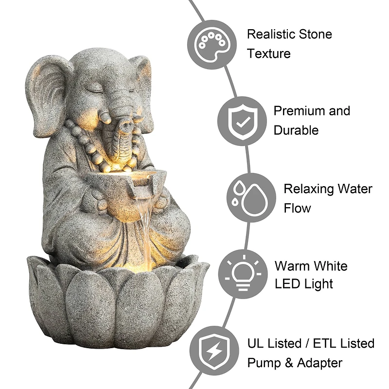 Glitzhome® 21.75" Zen-Style LED 2-Tier Elephant Outdoor Fountain