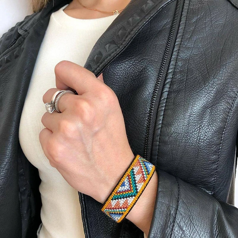 Wonderland Crafts Yellow & White Artificial Leather Cross Stitch Bracelet Kit